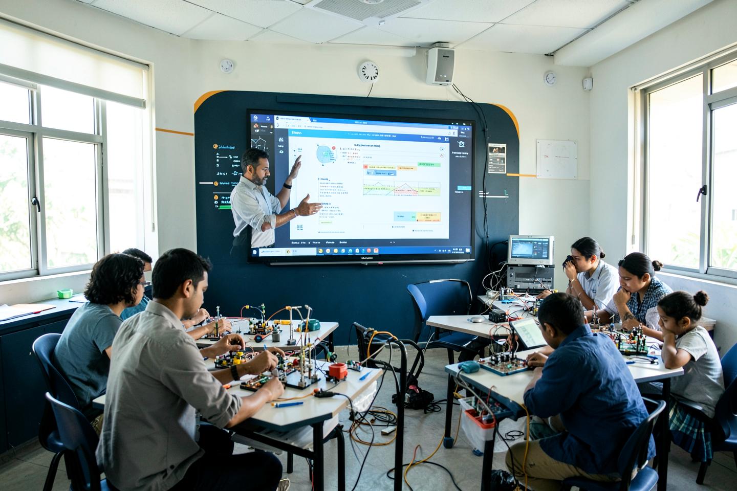 Teacher and students using intelligent systems in a connected classroom